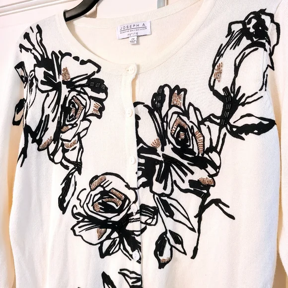 Joseph A. Creamy White Button-Up Sweater w/ Black Floral & Gold Beaded Design - Picture 6 of 7